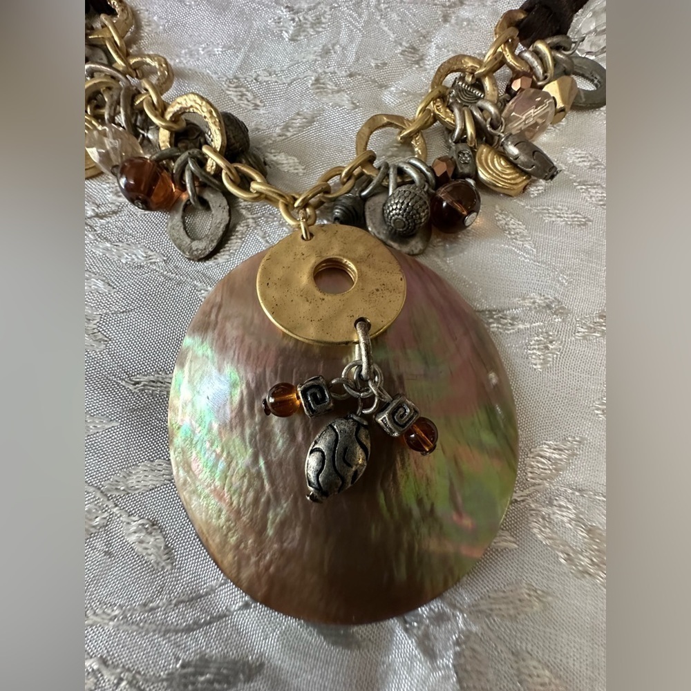 Coldwater Creek Abalone Shell Pendant Brown Leather Gold Silver Tone Adjustable 11$